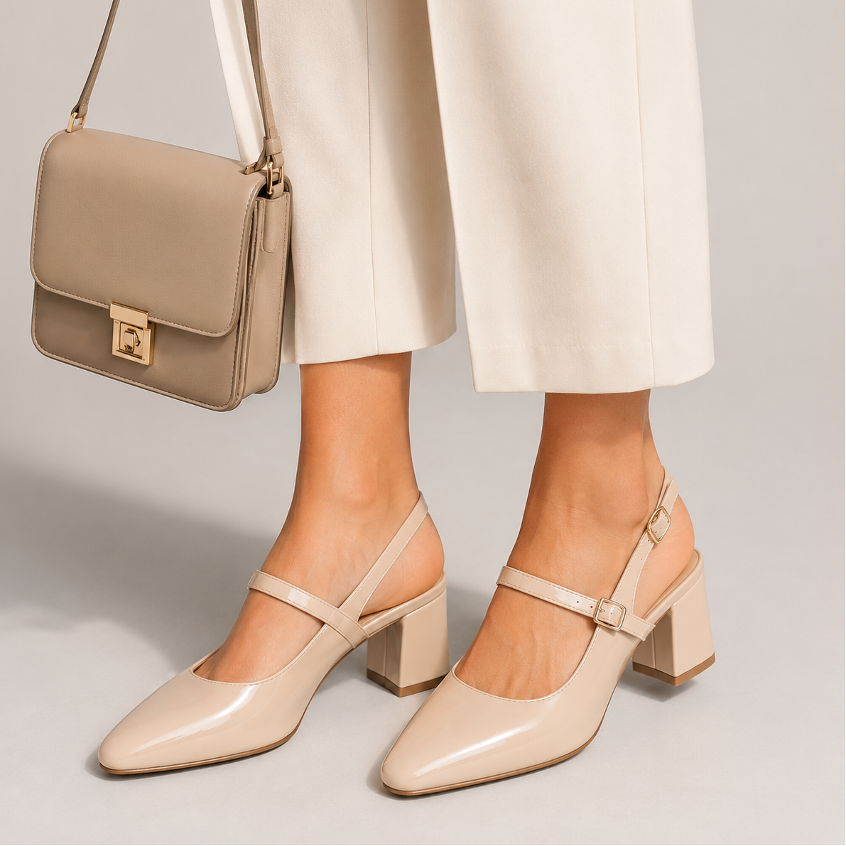 Women's Beige Slingback Block Heel Pumps (001BZY9750NU)