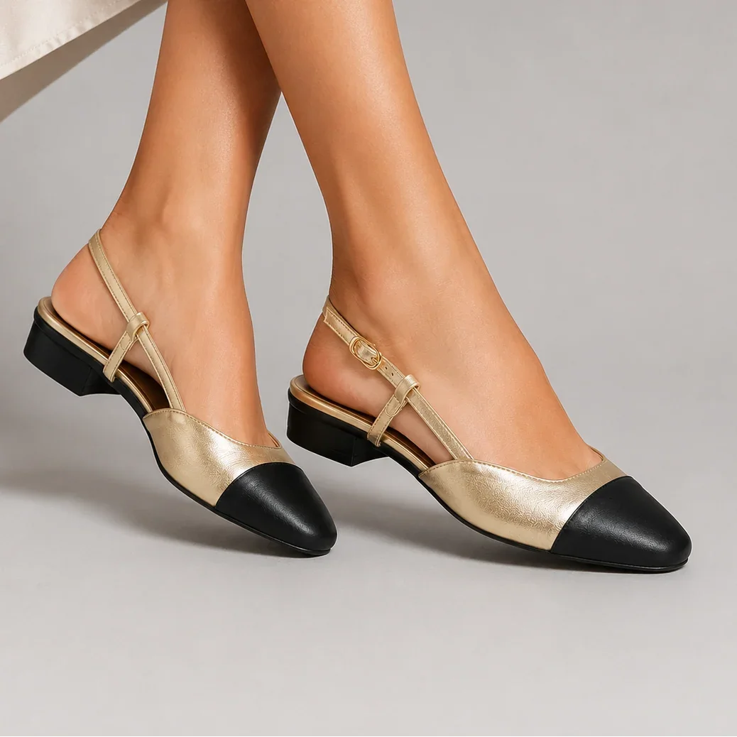 Escarpins slingback dorés et noirs femme à petit talon ANDREY