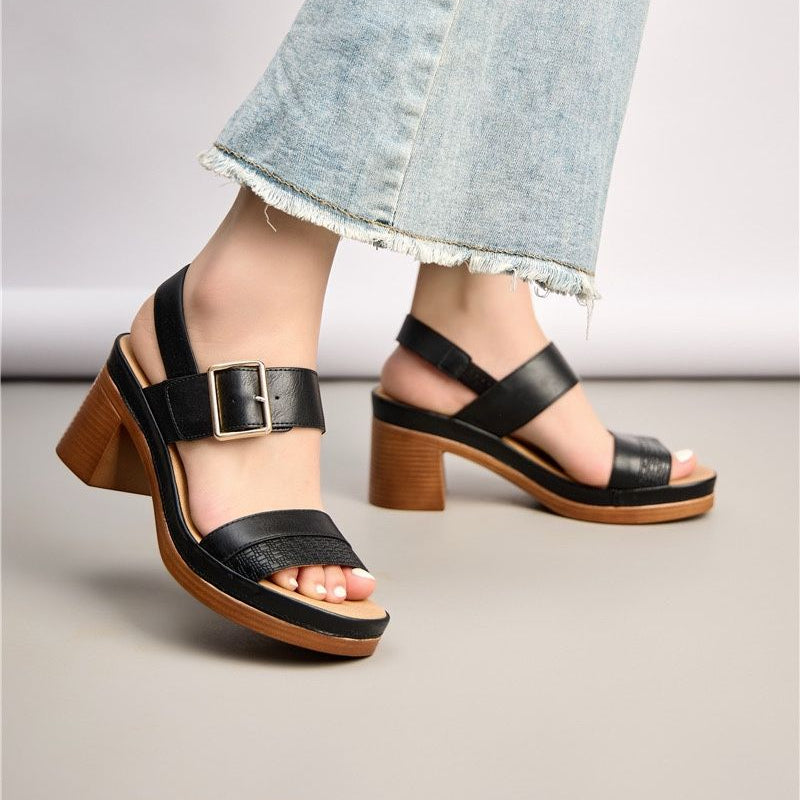 Sandales noires femme à talon bloc avec boucle dorée ANDREY