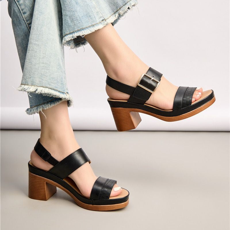 Sandales noires femme à talon bloc avec boucle dorée ANDREY
