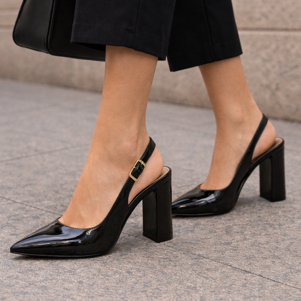 Escarpins slingback noirs vernis femme à talon bloc et bout pointu ANDREY