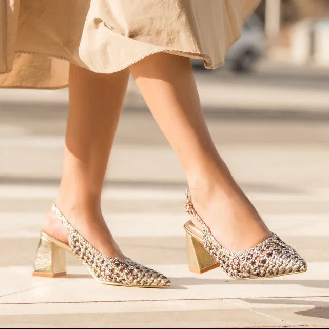 Escarpins slingback dorés femme à talon bloc ANDREY