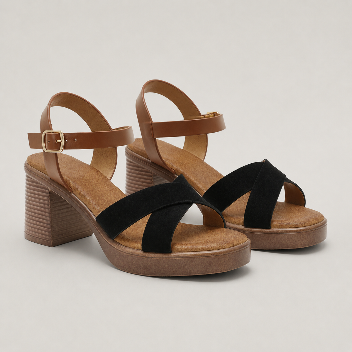 Sandales noir et camel femme à talon bloc avec brides croisées ANDREY