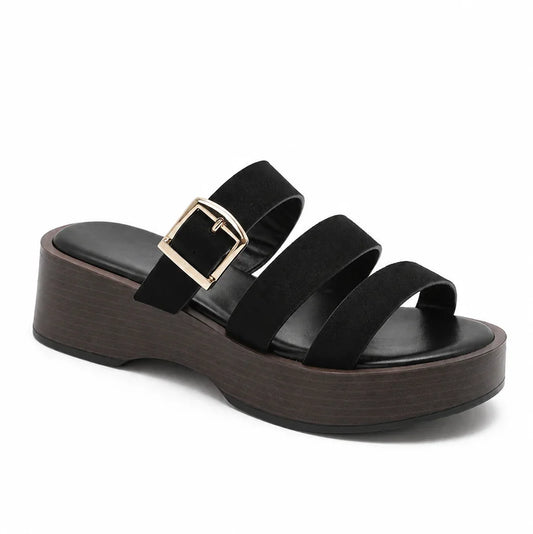 Mules Noires à Plateforme et Boucle Dorée (014H8-1106MBK)